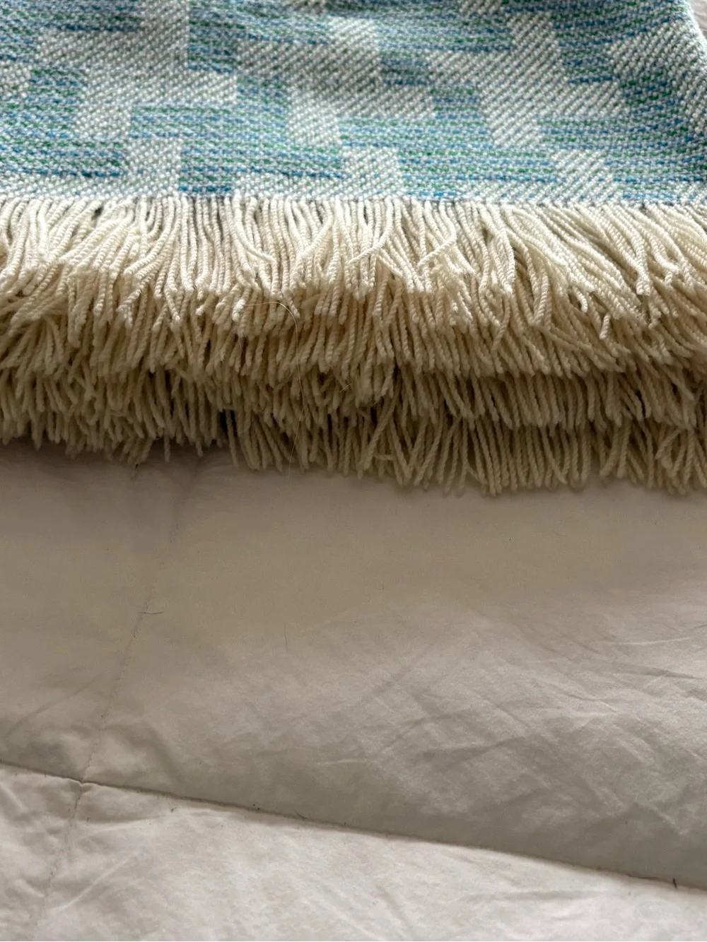 Vintage Pendleton Wool Throw Blanket Blue Green Geometric Plaid 66x55 Fringe USA